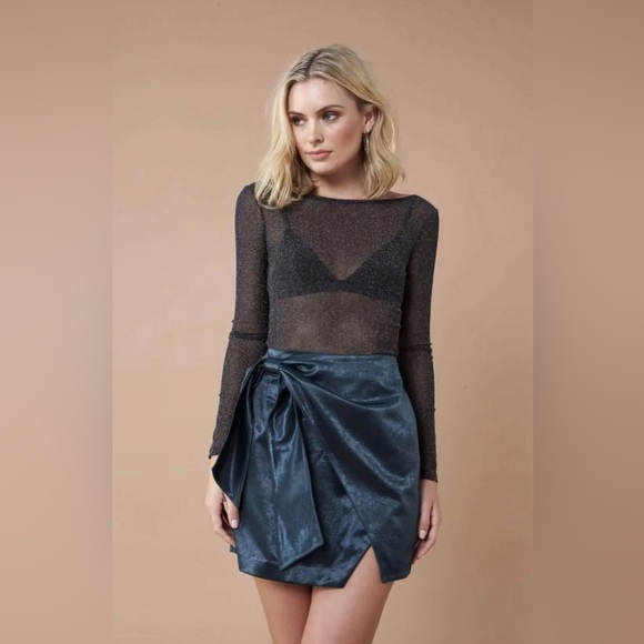 MinkPink Dinner Date Satin Skirt Emerald Black Faux Wrap Size Small New NWT - Picture 1 of 4